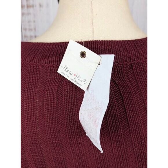 Ultra Flirt Juniors Ribbed Bell-Sleeve Sweater Size XS Cabernet Red Lace Up - Picture 4 of 4